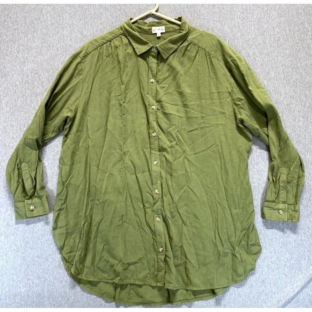 Wonderly Shirt Womens 2X Green Cotton Pleated Button Up Everyday Wear Outdoor